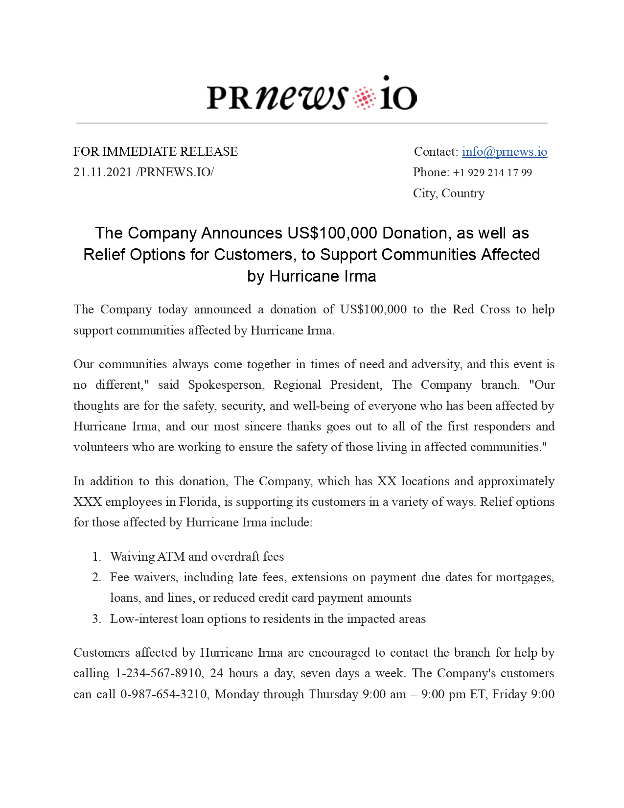 Donation Press Release Example