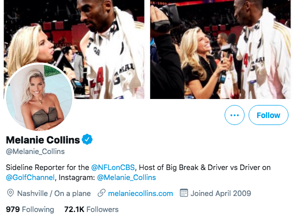 Melanie Collins is currently an NFL sideline reporter for CBS Sports, and the host of Big Break and Driver vs. Driver on Golf Channel. 