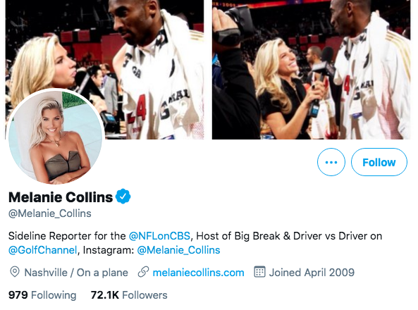 Melanie Collins目前是CBS体育的NFL边线记者，以及高尔夫频道的Big Break和Driver vs. Driver节目的主持人。