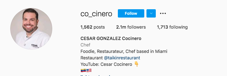 food influencers, Cesar Gonzalez Cocinero:  2.2M Followers/