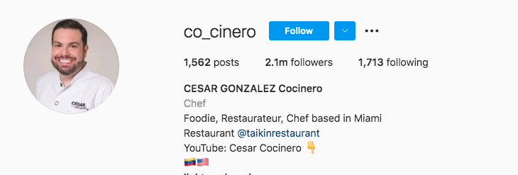 food influencers, Cesar Gonzalez Cocinero: 2,2M követő/