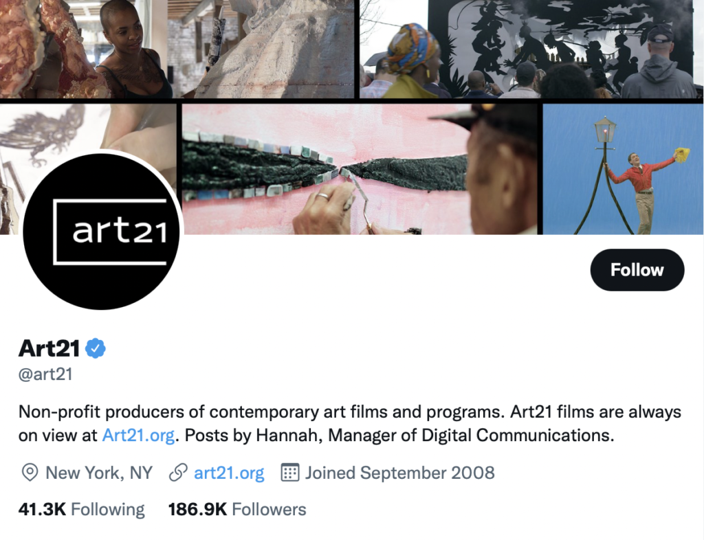 Non-profit producers of contemporary art films and programs. Art21 films are always on view