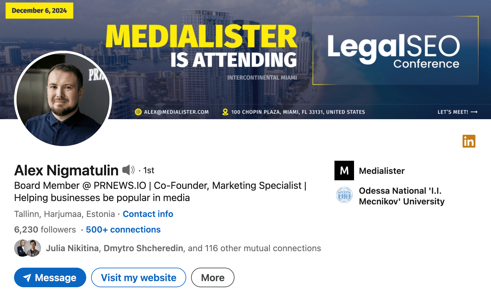 Alex Nigmatulin LinkedIn Profile Page