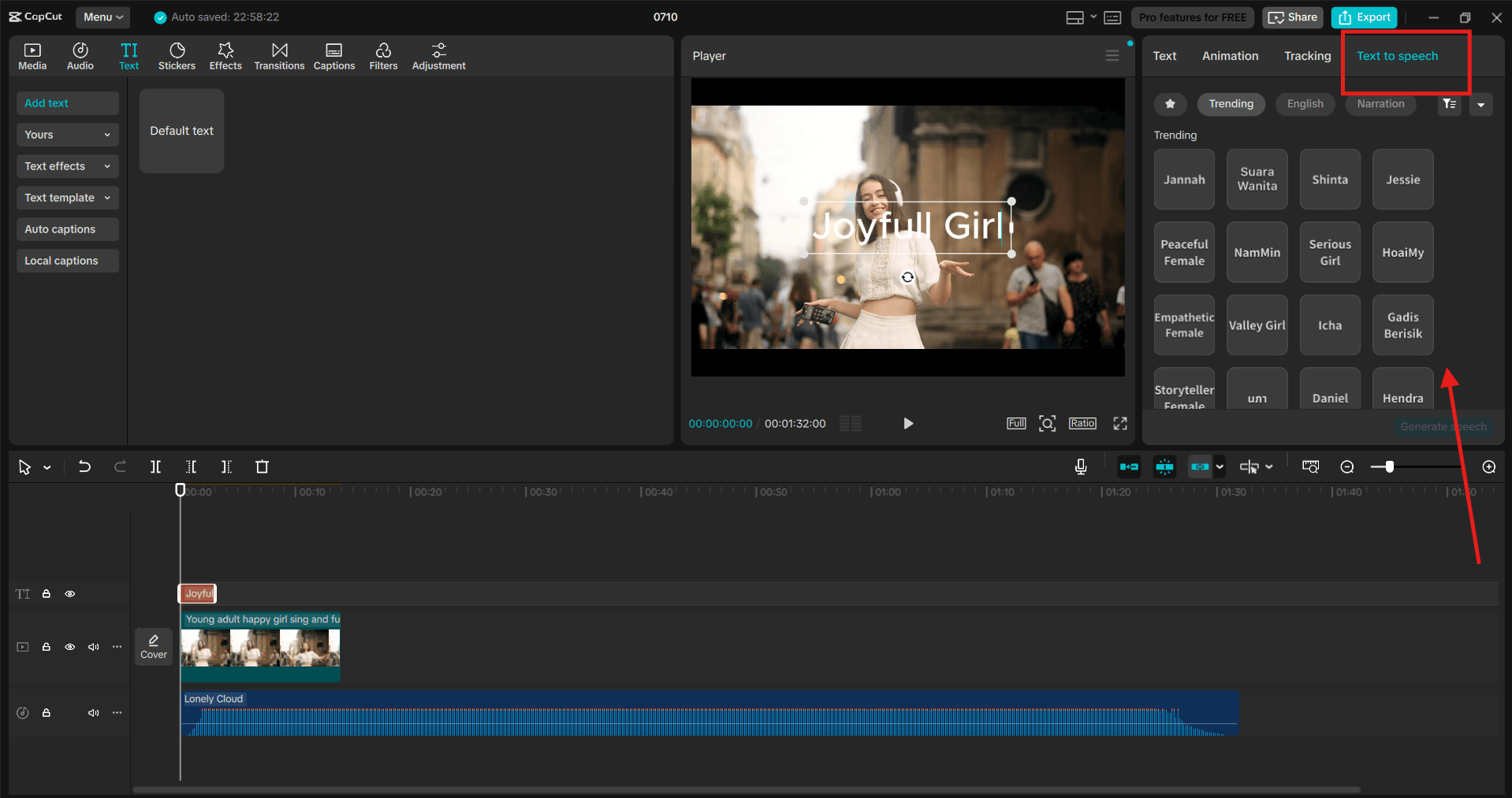 Video timeline in CapCut showing text overlay and AI voice narration with emotional tone applied for storytelling