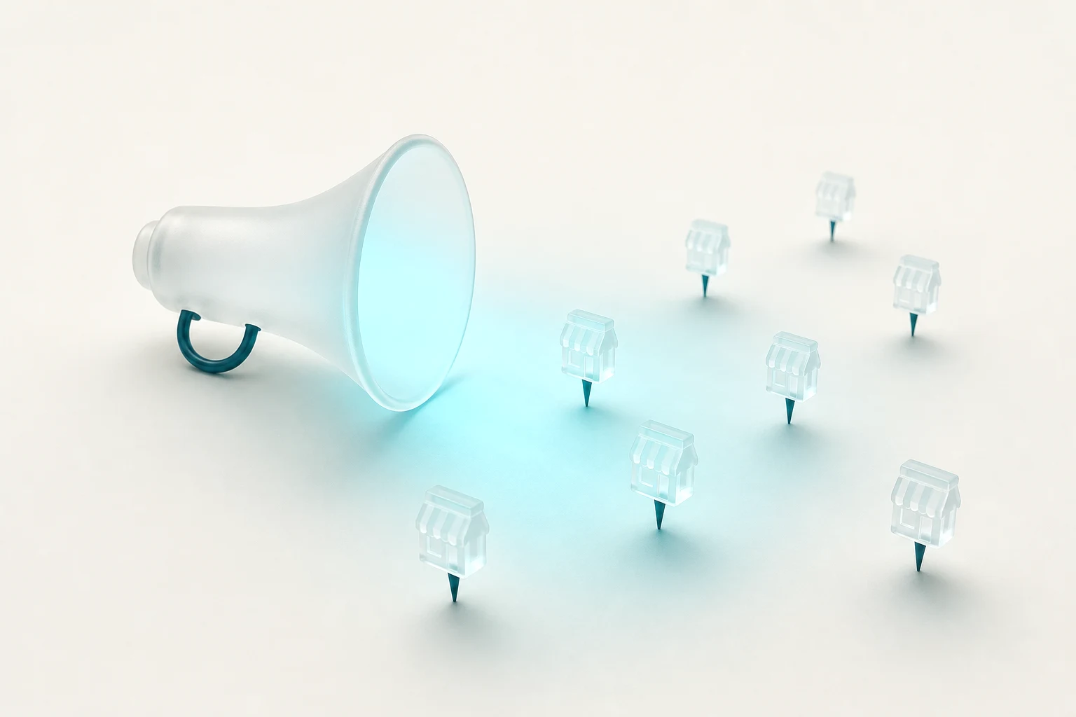 A frosted glass megaphone lying on its side, its aqua glow spreading across a cream surface toward seven small glass storefront pins