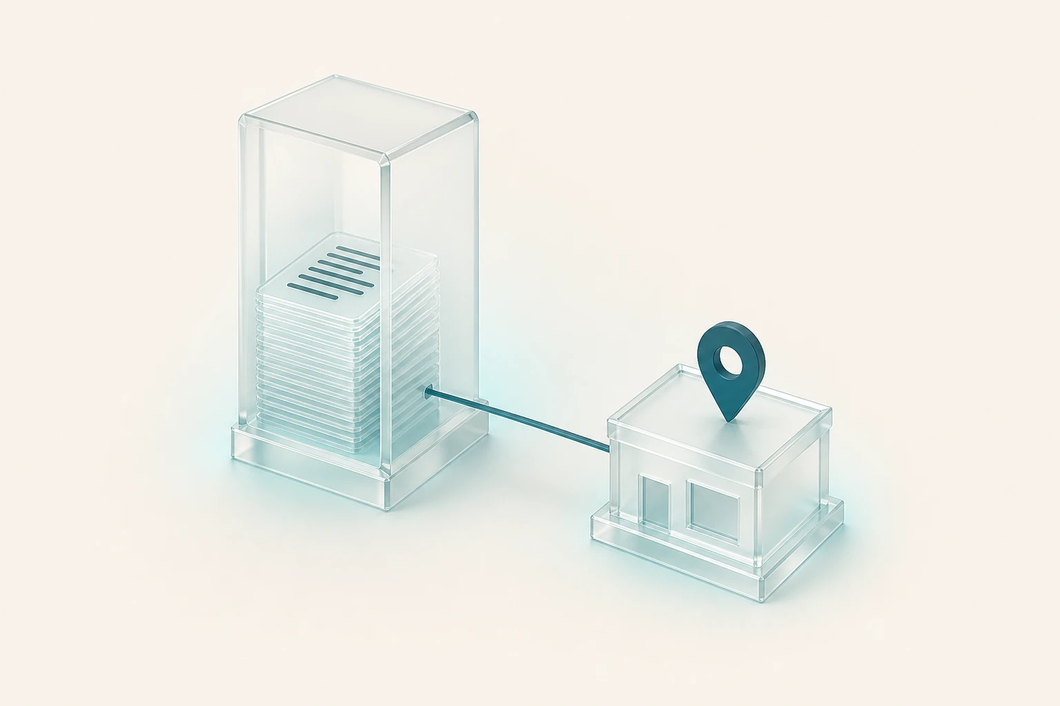 Two frosted glass buildings joined by a thin line, the larger holding document cards and the smaller one map pin