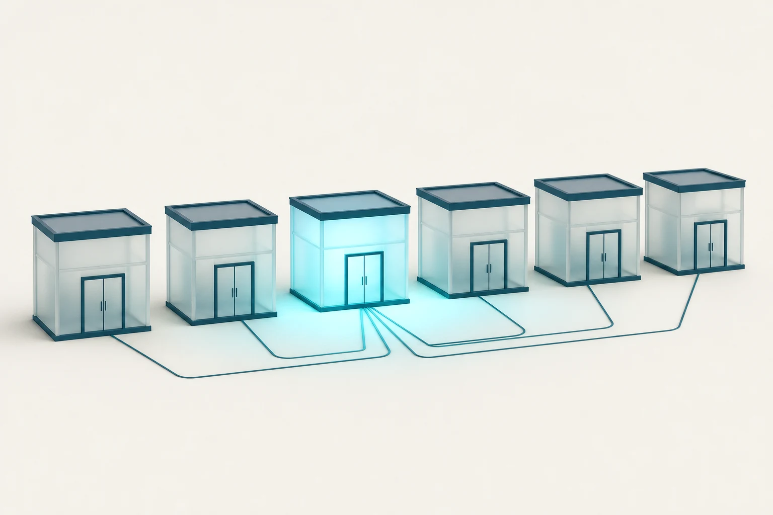 A row of six frosted glass storefronts, one glowing from inside with thin lines running along the ground to every other one