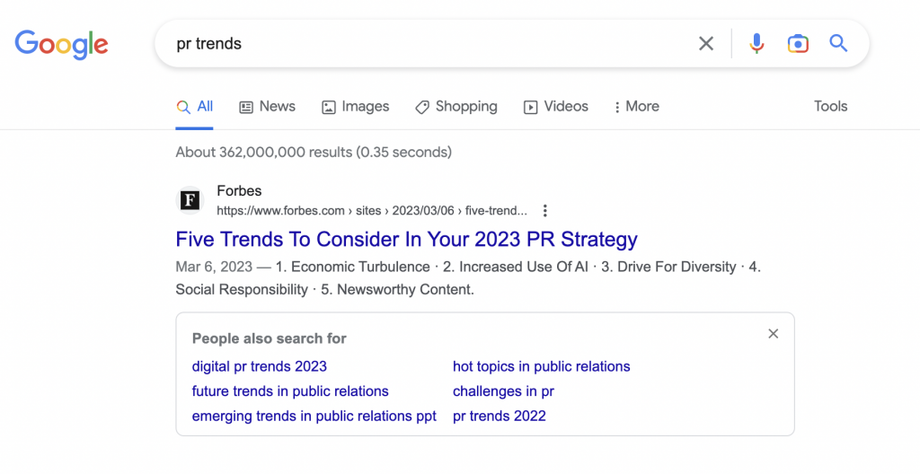 the article reached the first position in Google for the keyword pr trends