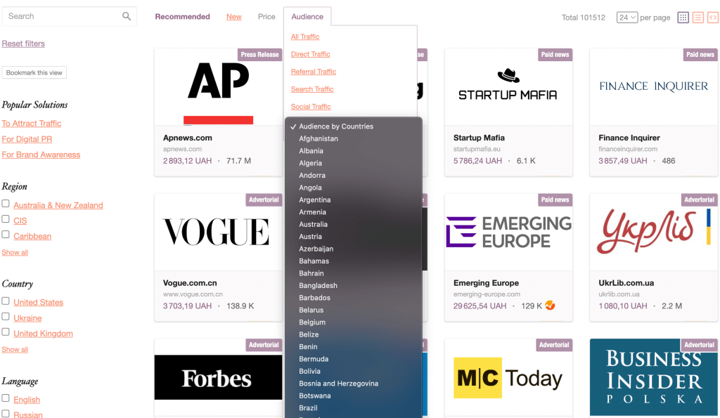 Sorting sites by attendance by country