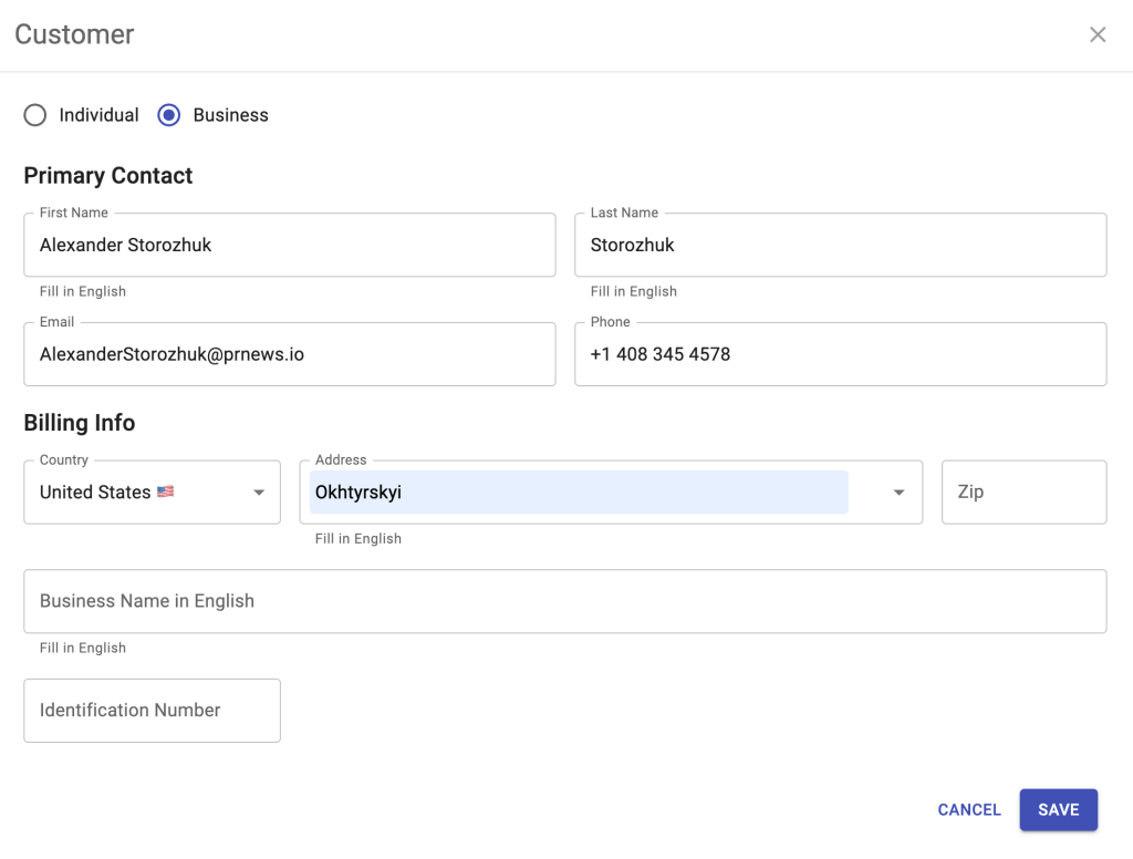Billing info