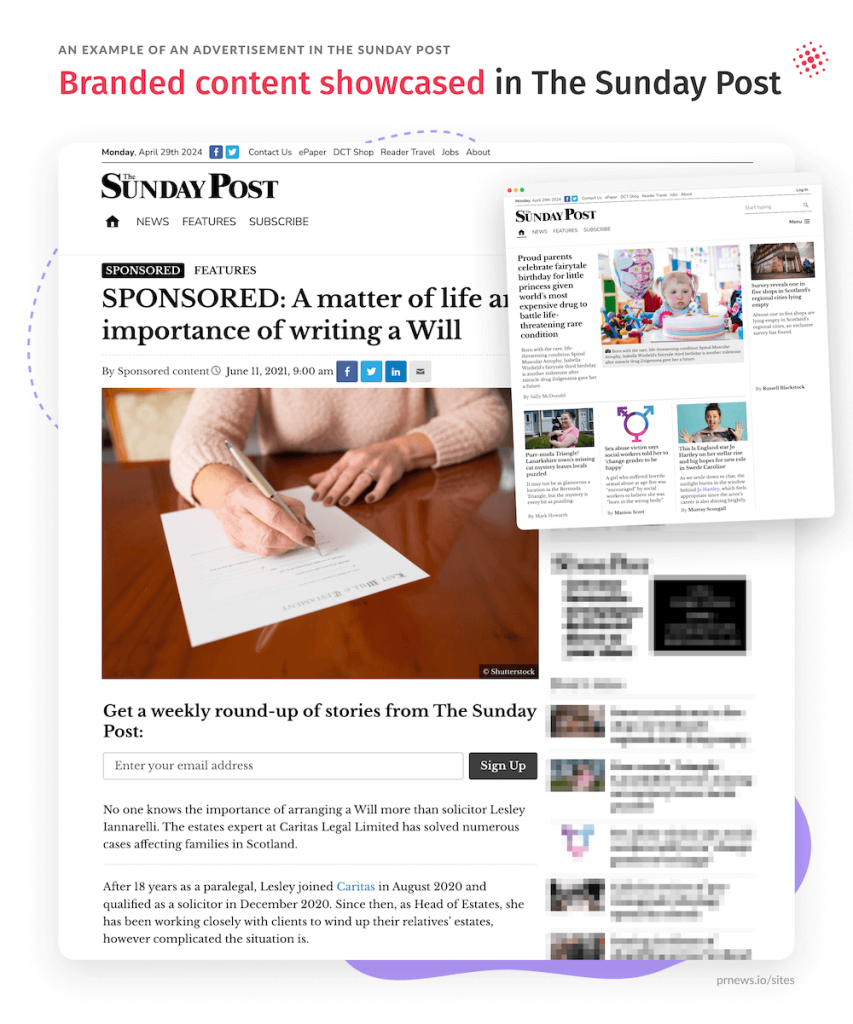 Branded content showcased in The Sunday Post