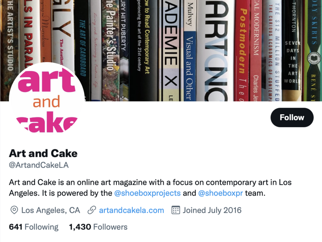 Art and Cake is een online kunsttijdschrift met een focus op hedendaagse kunst in Los Angeles.